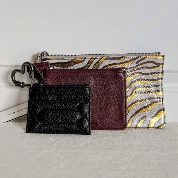 Aimee Kestenberg Leather Pouches Set Of 3 Metallic Zebra Black Burgundy NWT - Picture 1 of 15